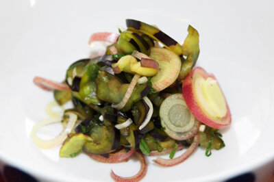 Eggplants and fresh Myoga Ginger tossed with green Shiso